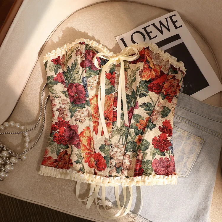 法式宫廷风复古碎花鱼骨胸衣女外穿绑带束腰显瘦性感辣妹抹胸上衣