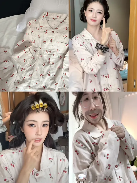 【羊狮狮】白鹿同款 纯棉 双层纱 翻领长袖长裤韩版宽松家居服