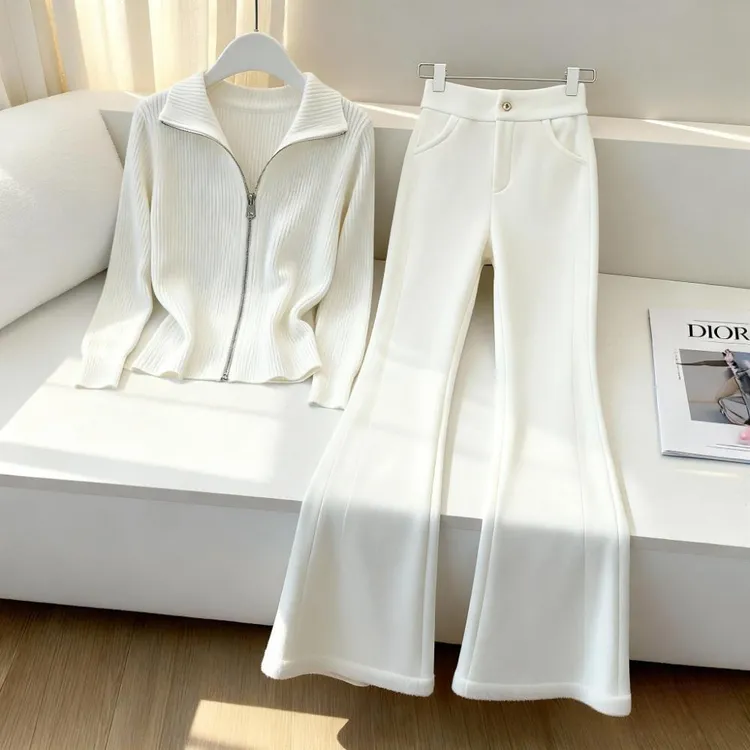 小个子高级感减龄显瘦针织开衫女装秋冬季新款加厚阔腿喇叭裤套装