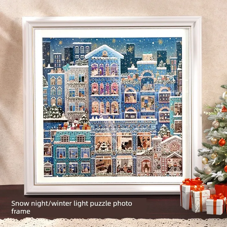 雪夜拼图相框方形相框Galison圣诞冬季灯全年1000块拼图框架安装