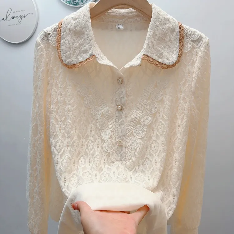 拼色花边领仿水貂绒白色百搭蕾丝衬衫打底衫