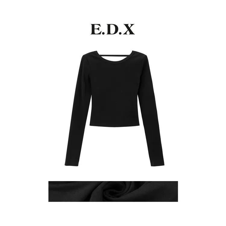 EDX秋季新品小众设计纯欲大露背修身圆领长袖T恤衫百搭上衣7286