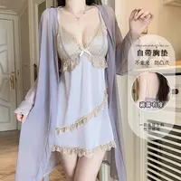 纯欲性感睡衣顺滑缎面内衣深V聚拢加胸垫蕾丝睡裙外袍家居女套装