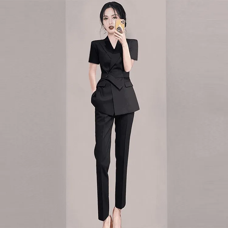 高级感时尚休闲西装套装女夏季新款职业气场短袖西服正装两件套潮