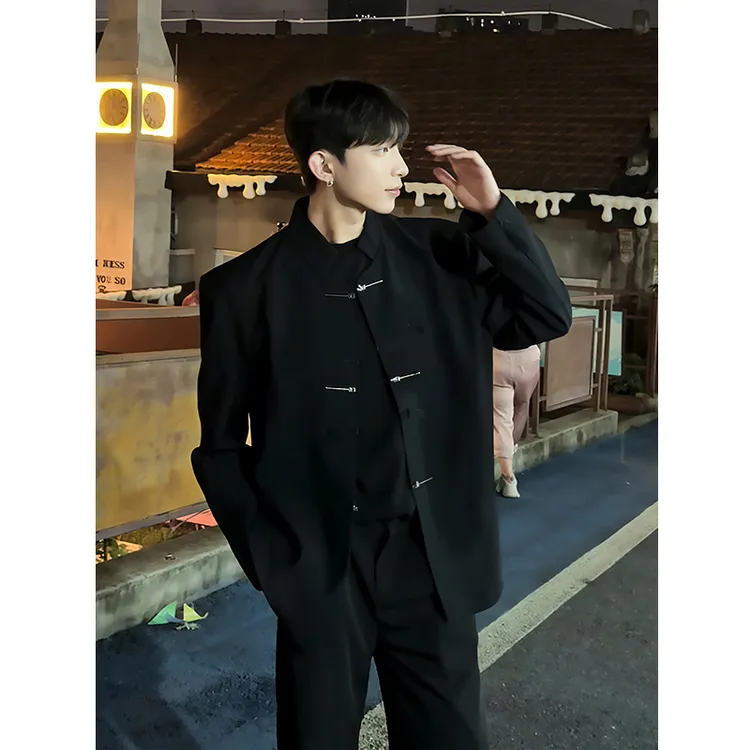 新中式黑色休闲西服男款国风立领中山装高级感飞机扣垫肩西装外套