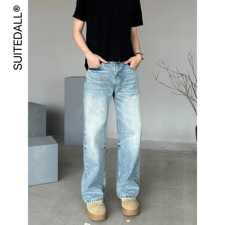 SUITEDALL旧蓝牛仔裤直筒版型vintage复古水洗猫须设计感小众长裤