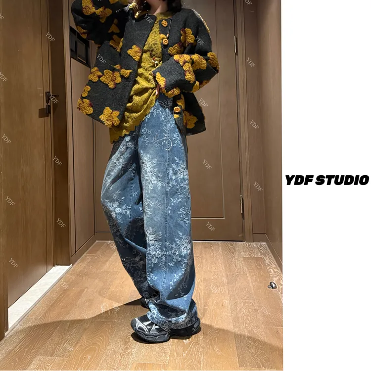YDFSTUDIO小众【提花裤】欧货高品重工刺绣提花烫钻设计弯刀牛仔裤