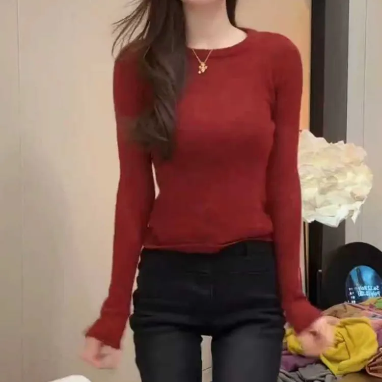 薄款微透修身马海毛毛衣女秋冬打底圆领长袖针织衫YY-80064