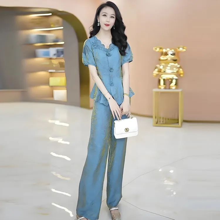 亚马逊时尚套装女上衣夏季新款中年妈妈装休闲直筒裤修身两件