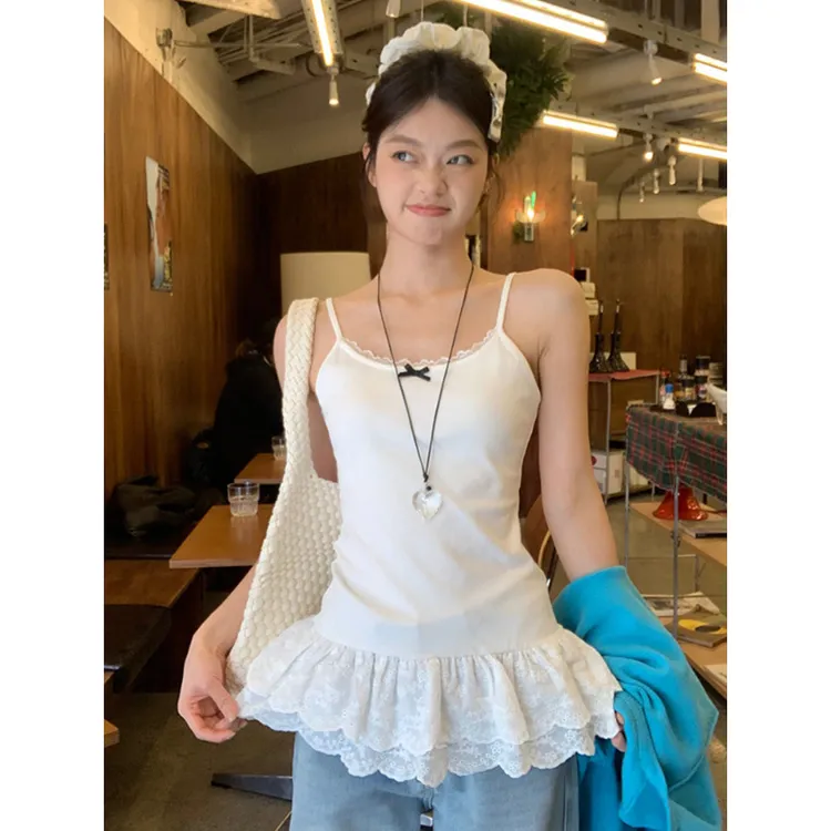 白色蝴蝶结吊带背心女春夏季蕾丝花边下摆修身叠穿内搭小上衣ins