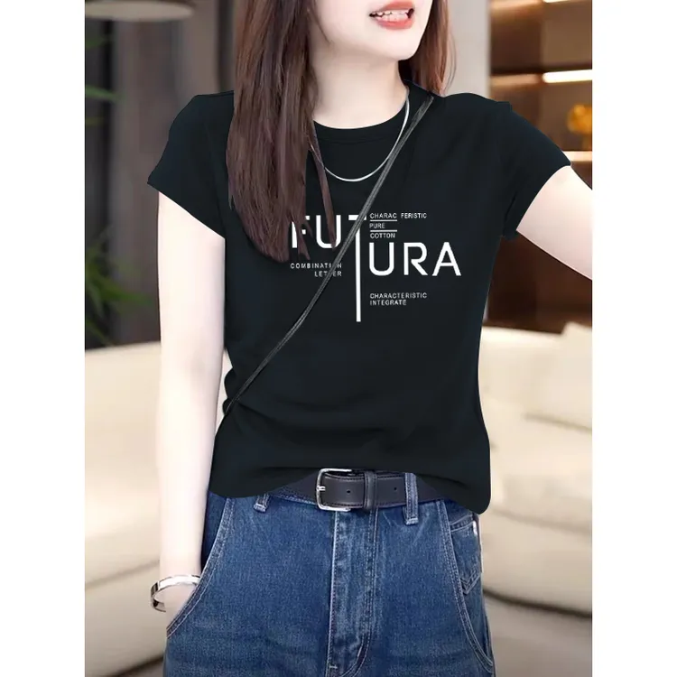 2025夏季正肩体恤纯棉圆领短袖t恤女装时尚百搭显瘦洋气黑色上衣