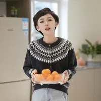 【费尔岛】秋冬款加厚长袖条纹提花纯羊毛衫女针织开衫上衣MG7352