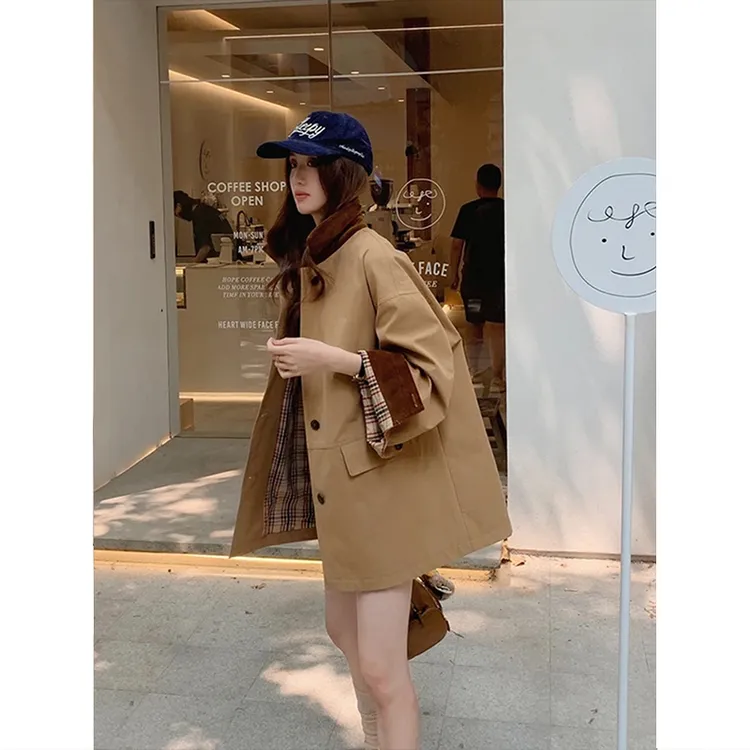 法式小众高级感卡其色拼接风衣外套女秋季新气质显瘦宽松时髦大衣