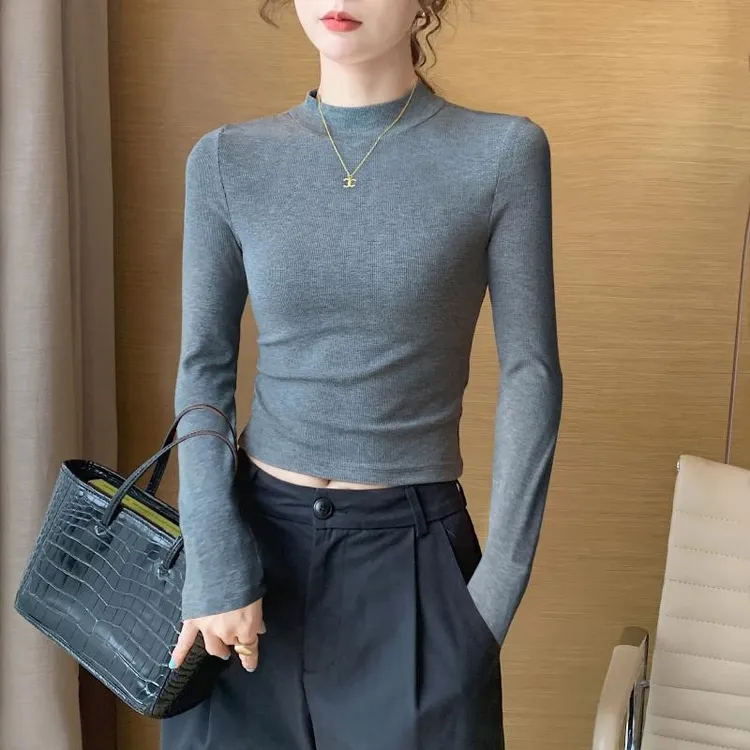 灰色短款半高领打底衫女内搭春秋2025新款弹力修身洋气高腰露脐