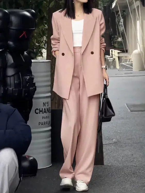 2025春秋西装外套女大码女装阔腿裤套装胖MM200斤粉色宽松西服女