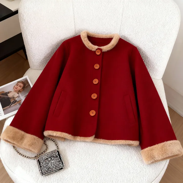 圣诞节新年红色毛呢外套女2025冬季新中式国风气质高级感复古上衣