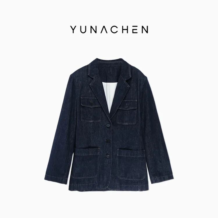 菠萝宝宝yuna【四袋靛蓝丹宁西装】复古肌理挺括西装牛仔女外套YG26