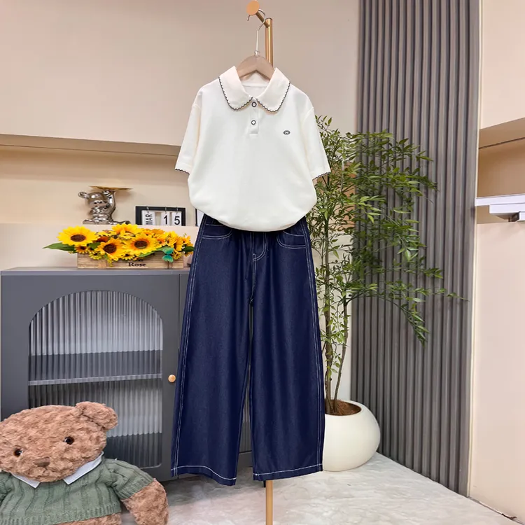 夏季女童新款韩版套装短袖翻领polo衫中大童洋气时尚夏款两件套