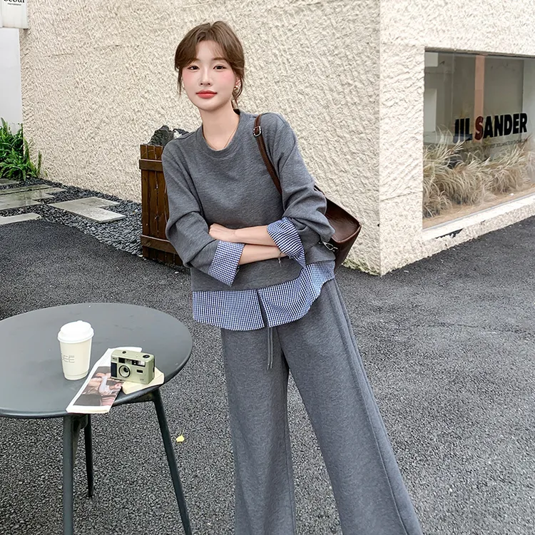 灰色韩系休闲减龄套装女2025秋季格纹拼接假两件卫衣阔腿裤两件套
