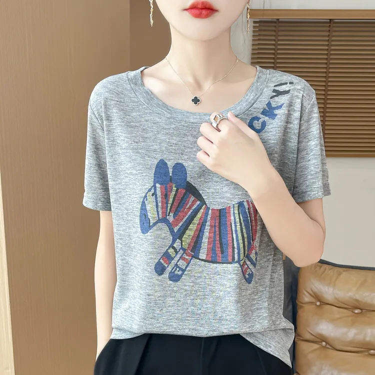 2025夏季新款短袖女圆领小马印花宽松慵懒风t恤时尚显瘦内搭