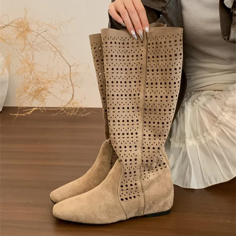 复古美拉德镂空增高长筒靴女2025春秋新款透气防滑辣妹瘦瘦靴夏