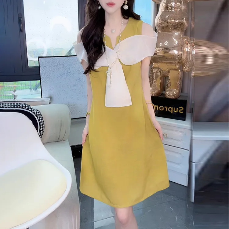 法式露肩时尚连衣裙女2025夏季新款设计感气质名媛中长款A字裙子