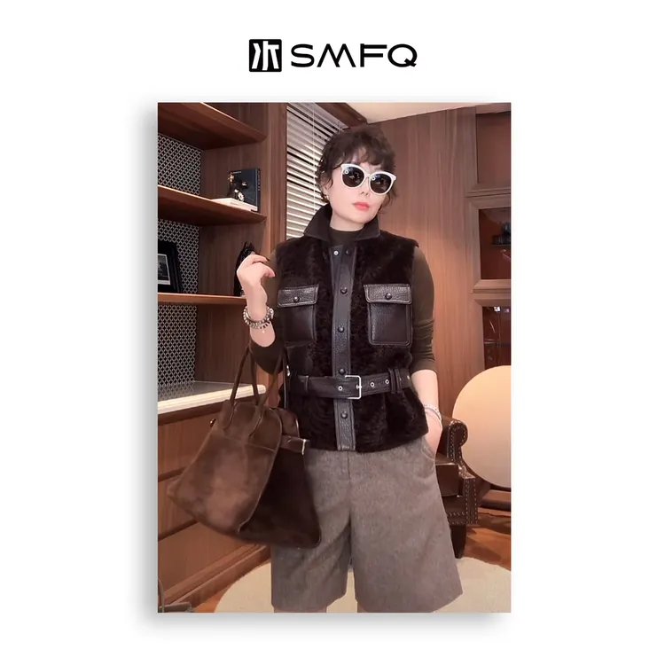 水木夫妻 进口南非水波纹羊皮 皮毛一体百搭马甲女