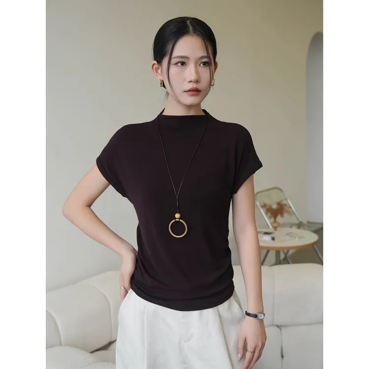 半高领打底衫女2025新款早秋短袖t恤内搭外穿镂空修身上衣设计感
