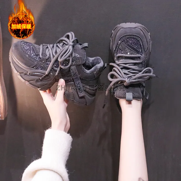 C 网红时尚亮片加绒老爹鞋女爆款2025新款厚底百搭水钻休闲运动鞋