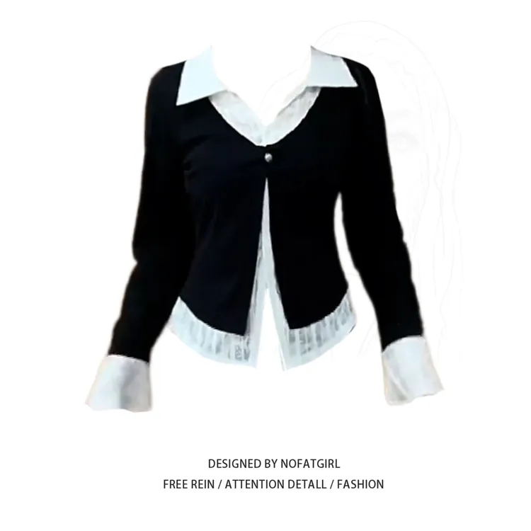 大码胖MM法式假两件长袖衬衫女早秋季新款设计感小众气质收腰上衣