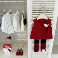 【乐恩童装】原创设计秋冬女童红色KT马甲黑拼红针织裤韩版两件套