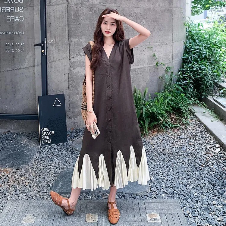 法式复古浪漫拼接连衣裙女2025年夏季新款慵懒风休闲气质V领长裙