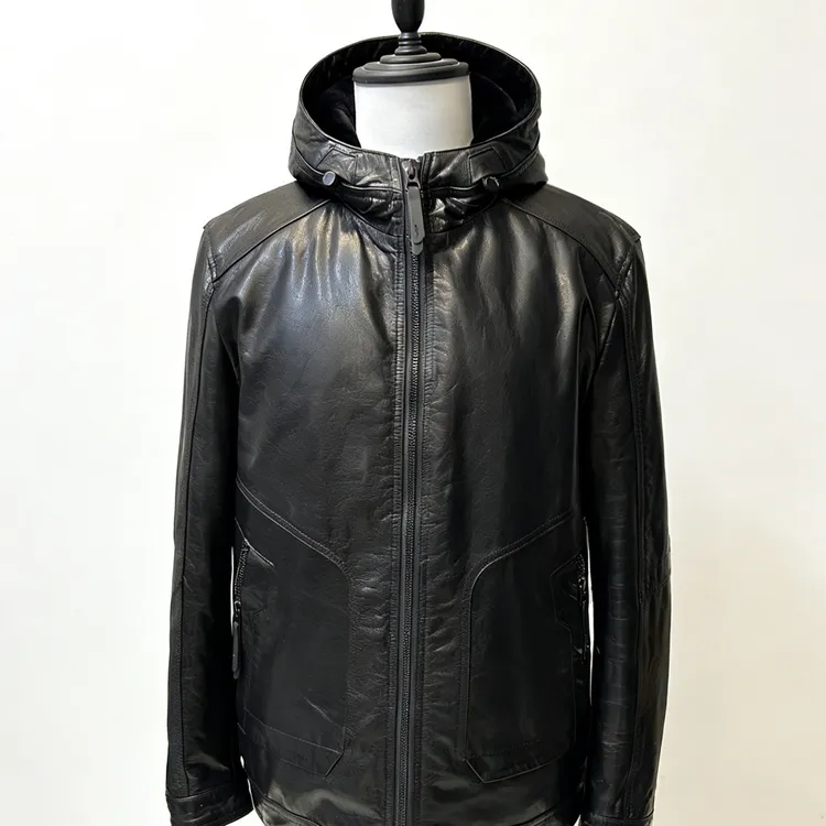 冬季保暖头层牛皮加厚羊毛内胆连帽男款休闲夹克真皮皮衣
