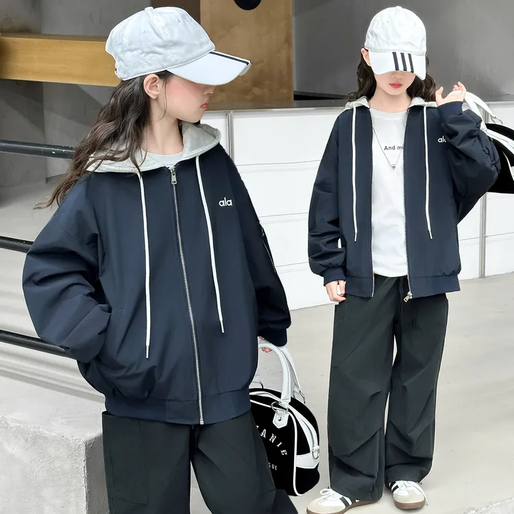 女童中大童韩版外套春秋2025新款洋气休闲时尚宽松连帽外套秋季