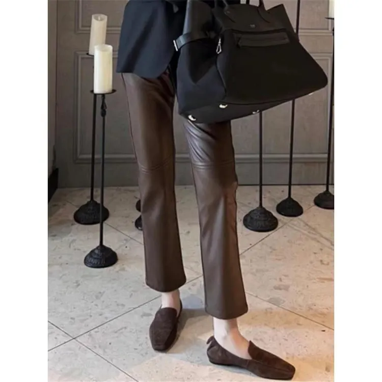 2025年新款上档次女裤秋冬皮裤休闲高腰裤子烟管裤显瘦百搭九分裤