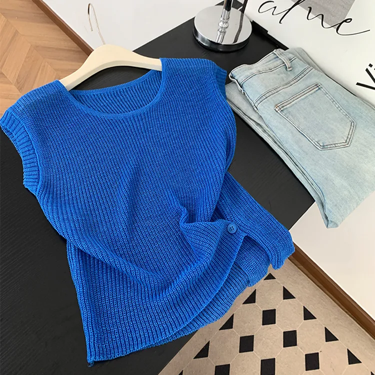 韩系蓝色显瘦针织衫T恤无袖小衫女夏季圆领背心洋气百搭薄款上衣