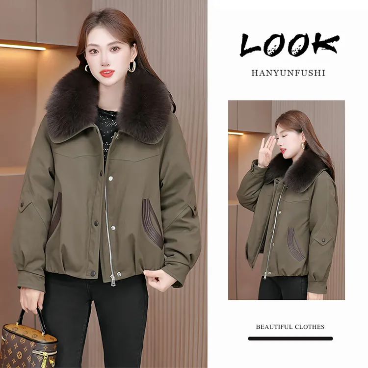 韩版时尚拼接毛领夹克短外套女2025年冬季新款气质百搭遮肉上衣