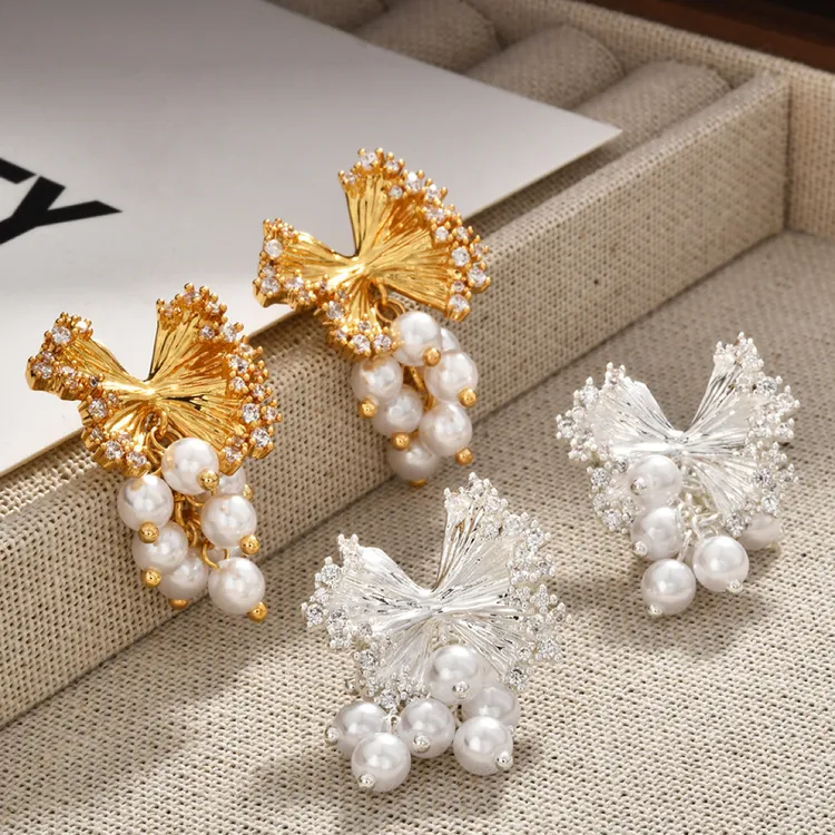 铜合金仿珍珠耳饰 鼎溢闪蝴蝶结珠流苏耳钉优雅气质时尚复古yh