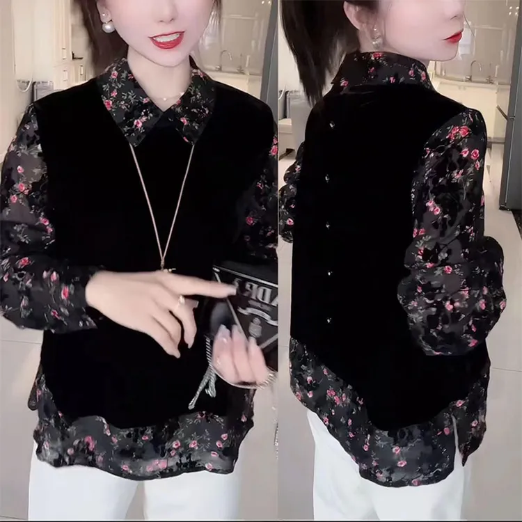 丝绒碎花POLO领衬衫常规款网红秋冬季百搭拼接假两件打底衫上衣