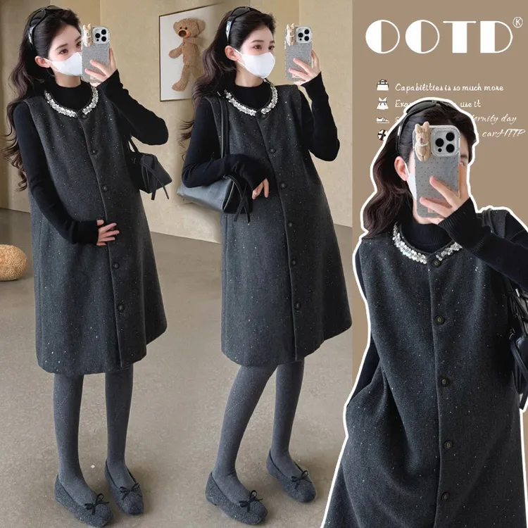 【可乐】孕妇装小香风重工钉珠连衣裙2025秋冬气质洋气单排扣裙