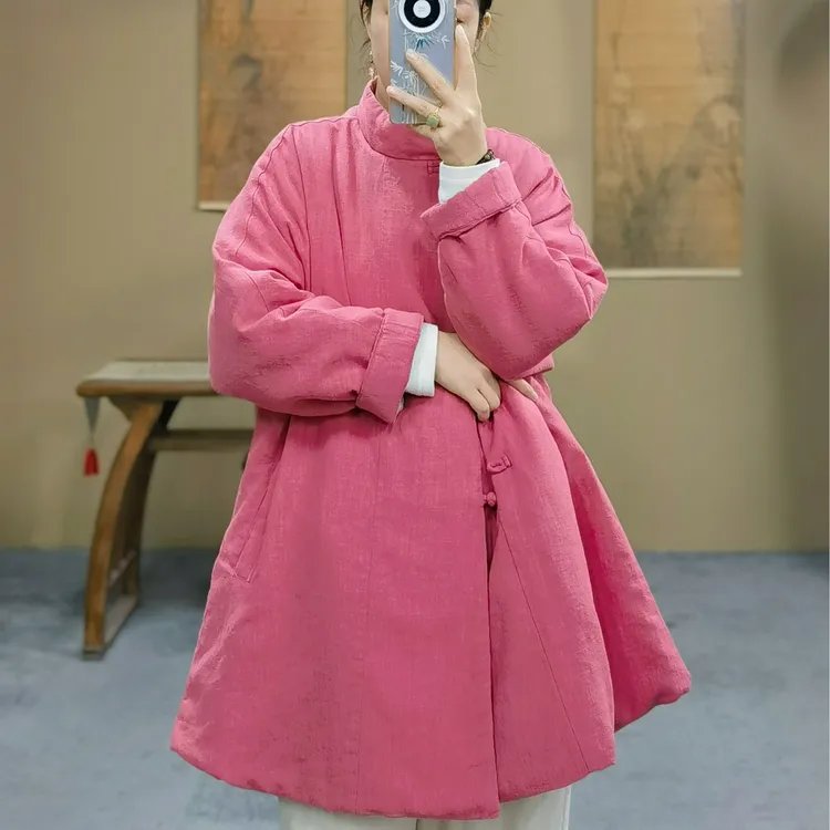 《过冬加厚》新中式冬装新款棉衣立领盘扣斜开襟亚麻中长款棉衣外套