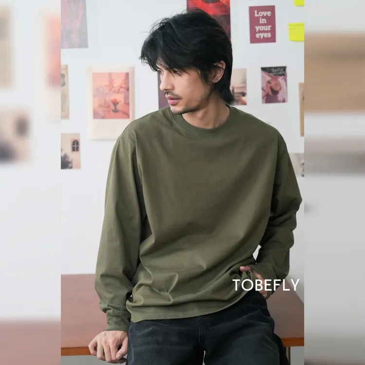 Tobefly300克新疆长绒精梳棉圆领休闲百搭纯色长袖打底T恤20003