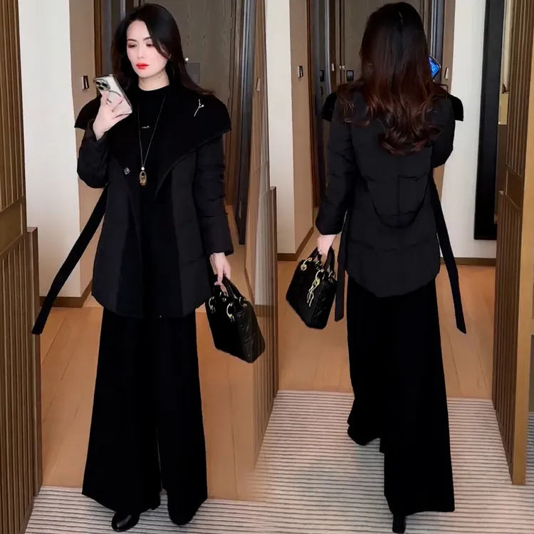 韩版时尚拼接气质翻领中长款服女2025冬季新款显瘦减龄棉袄