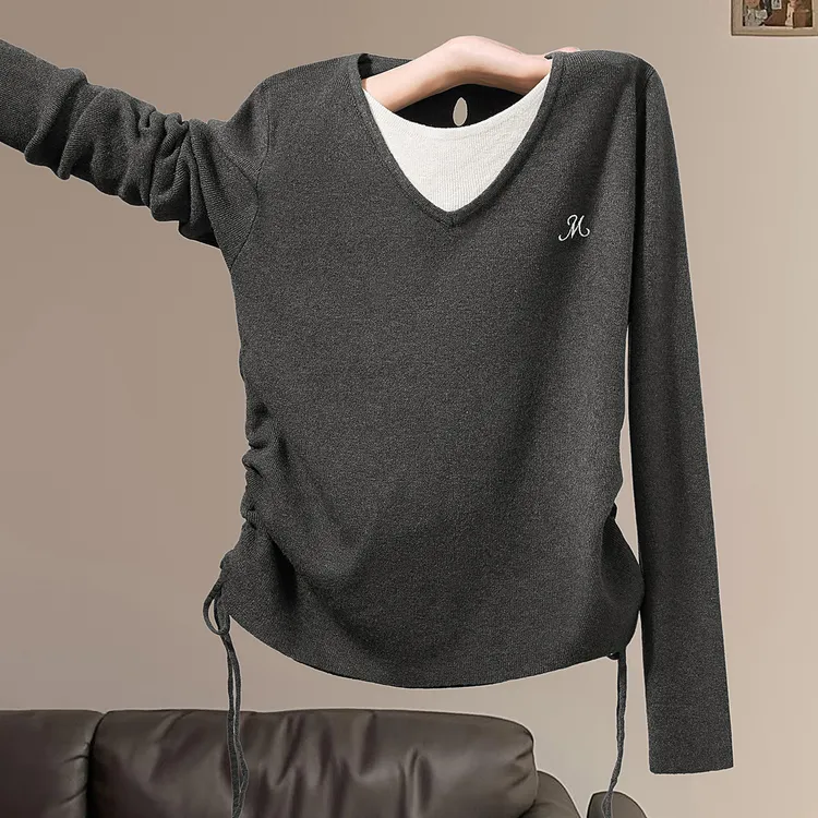 她池2025秋装新款女装套头长袖修身撞色假两件针织衫T53X3931Z