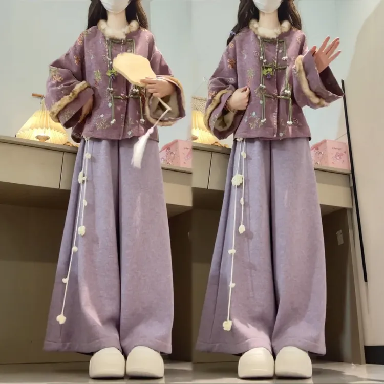 秋冬穿搭一整套新中式国风紫色提花盘扣外套搭配阔腿裤气质套装女
