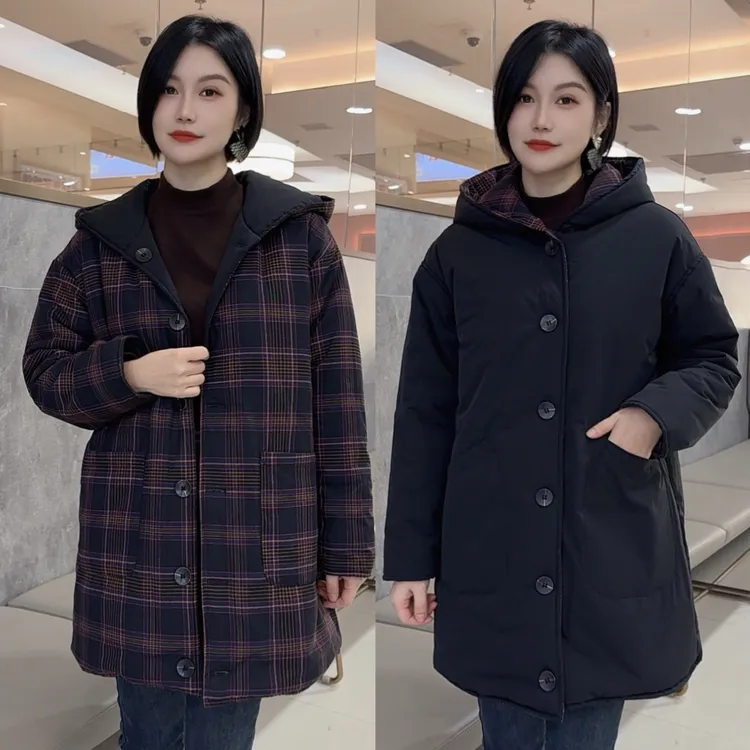 棉麻双面穿时尚棉袄秋冬防风女士保暖棉衣