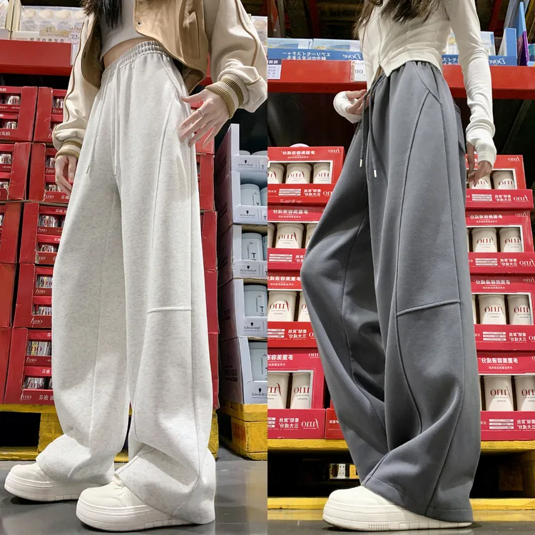 灰色拼接镰刀阔腿裤女胖mm秋冬高腰显瘦美式大码休闲香蕉运动卫裤