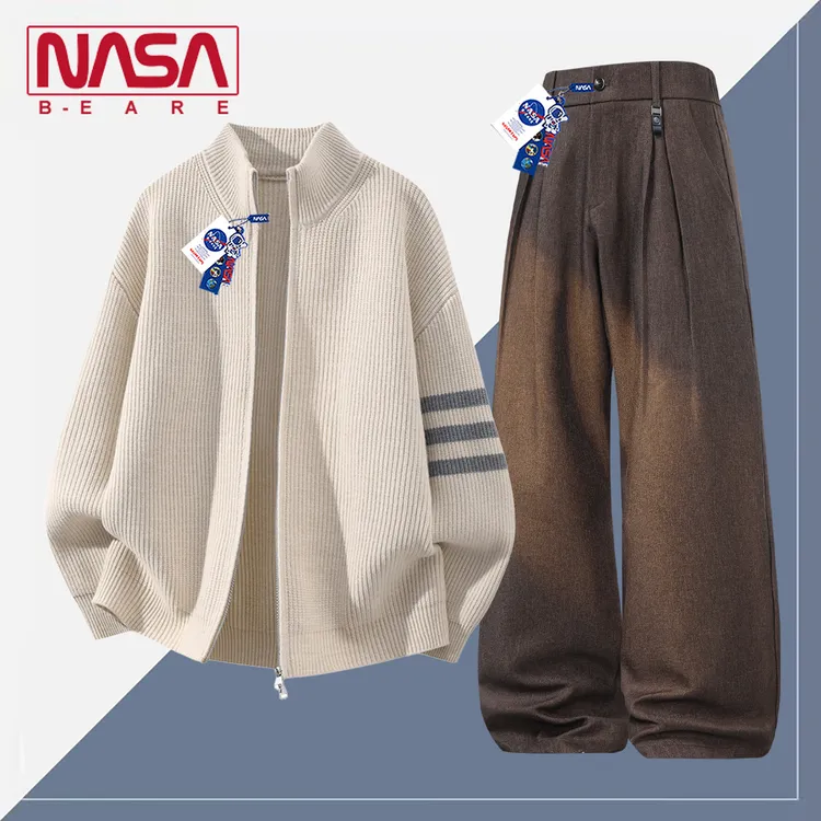 NASA联名复古条纹立领开衫毛衣套装男秋冬针织外套长裤慵懒风穿搭