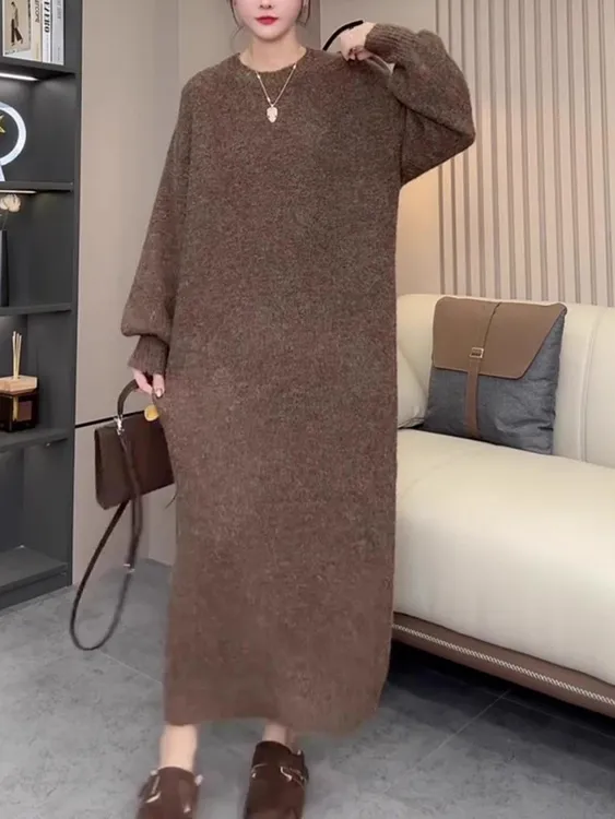 欧货纯色宽松慵懒风圆领针织连衣裙女冬季显瘦过膝百搭休闲毛衣裙
