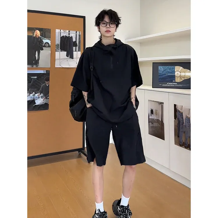 泡泡纱速干轻薄套装夏季男生酷帅穿搭宽松连帽短袖短裤两件套